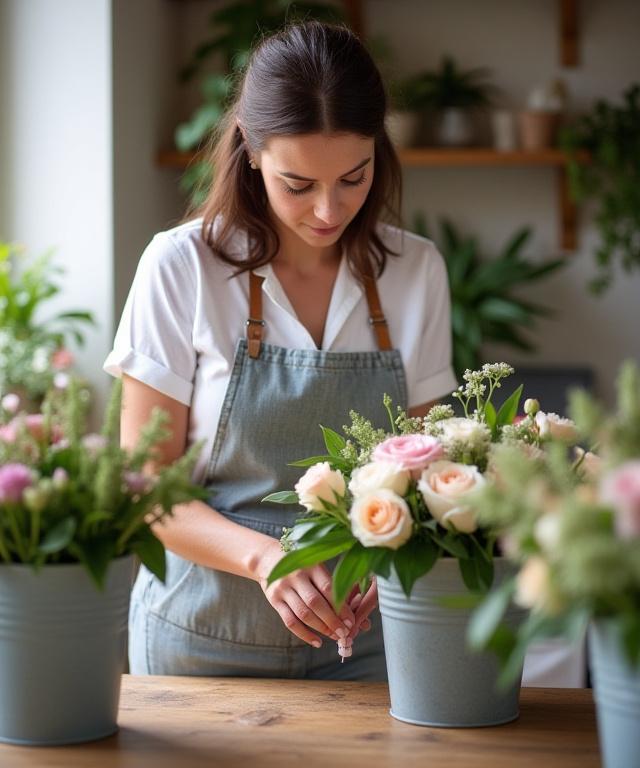 A Wren Bloom florist carefully selecting locally sourced British flowers for an arrangement.
