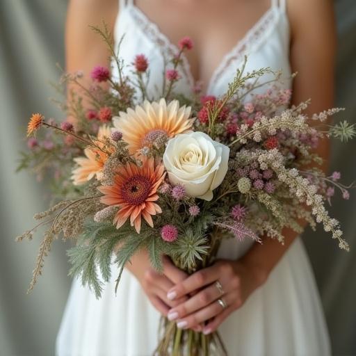 A close-up of a rustic bridal bouquet with wildflowers.
