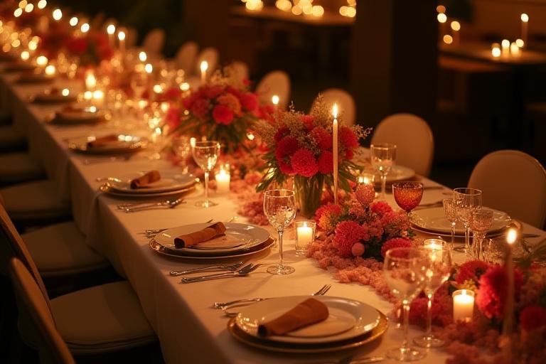 An elegant tablescape with floral runners for a private dinner party.