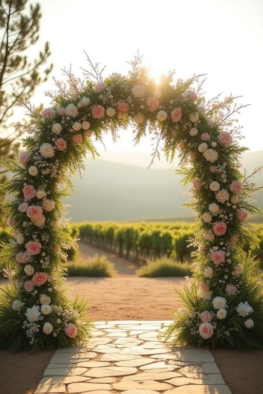 A stunning floral arch for an outdoor wedding ceremony.