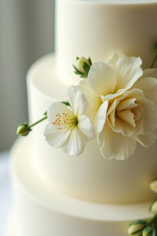 Delicate fresh flowers decorating a multi-tiered wedding cake.