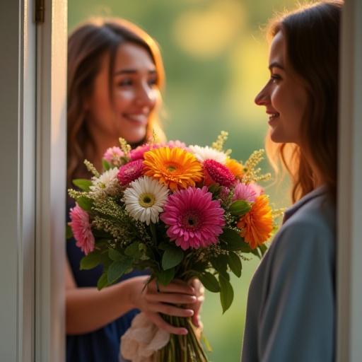 A person receiving a beautiful hand-tied bouquet at their door.
