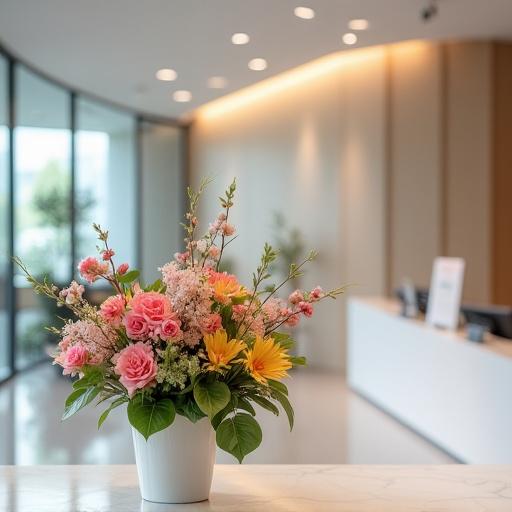 A modern floral arrangement in a corporate reception area.