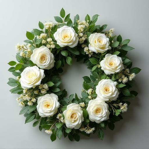 A natural and elegant funeral wreath made with seasonal flowers.