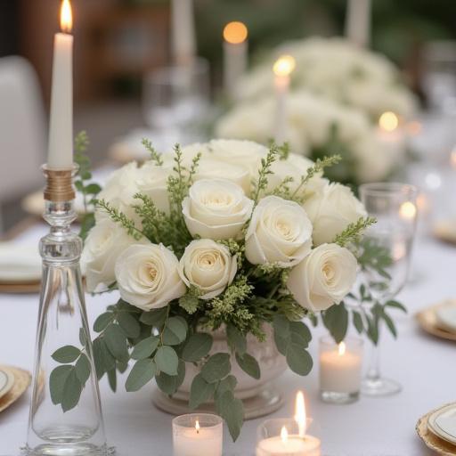 Elegant wedding table centrepiece with white roses and eucalyptus.